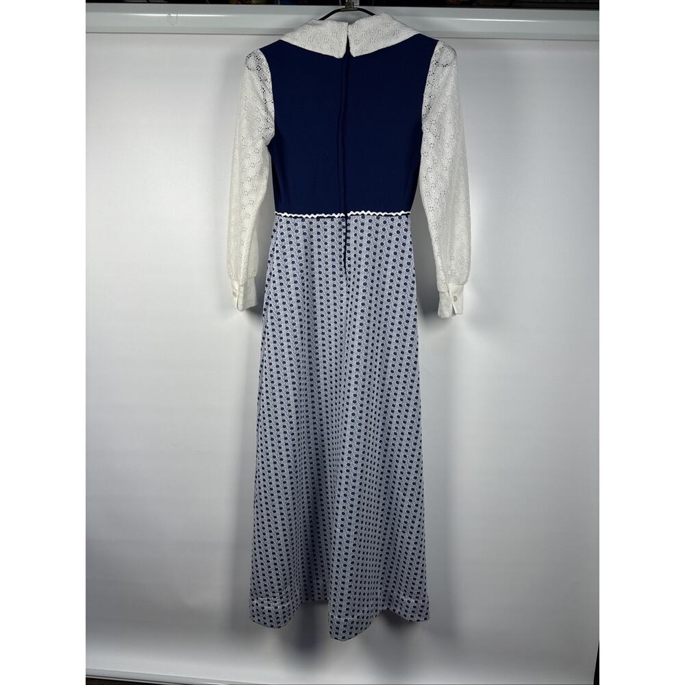 Vintage 1970s Gunne Style Prairie Maxi Dress Polka Dot Lace Sleeves Dagger XS - Picture 6 of 9